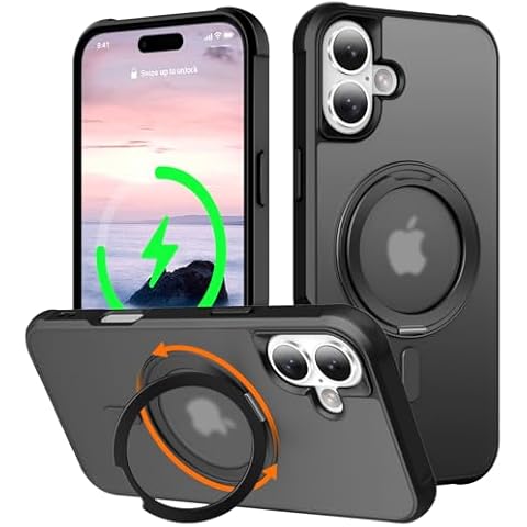 UMIONE 360° Rotatable Magnetic Ring Design for iPhone 16 Plus, Built-in Invisible Loop Stand, Compatible with Magsafe, Translucent Ultra Slim Military Grade Shockproof Case - Black Cover