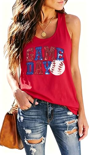 Baseball Mom Tank Tops Women: Baseball Shirts Game Day Gifts Summer Softball Mom Sleeveless Workout Vest Red