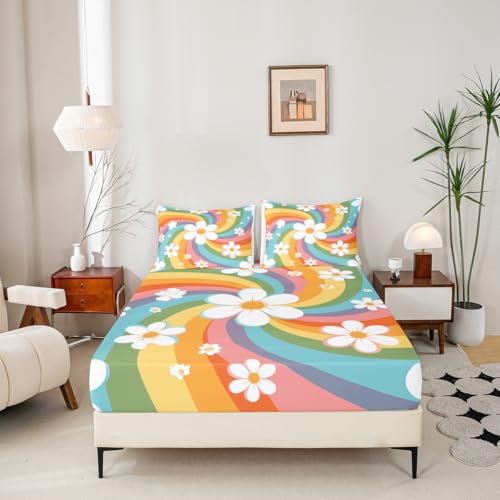 Image of Cartoon Flowers Bed Sheet Queen Set Colorful Stripes Sheets Sets Adults Bedroom Decor Rainbow Hippie Microfiber Bedding Set with Flat,Fitted Sheet,2 Pillow Cases