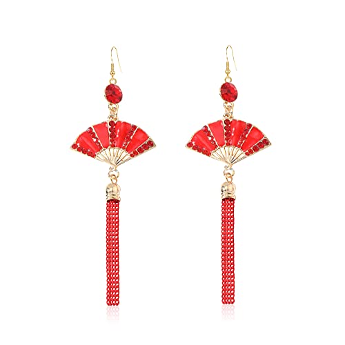 Red Fan Tassel Earrings Chinese for Women Japanese Ethnic Drop Cloud Aesthetic Hanging Dangle Jewelry Stud Earrings