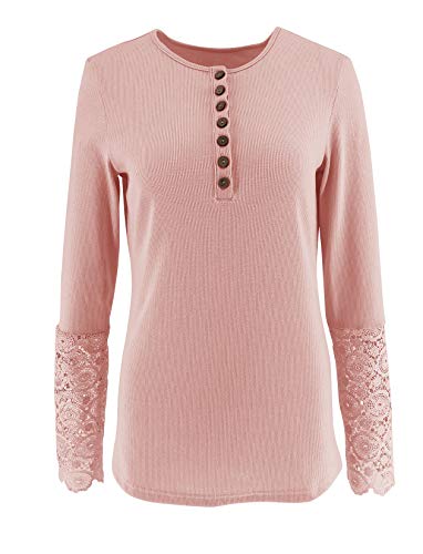 Limerose Women's Long Sleeve Lace Trim Tunic Tops Button Down Casual Blouse Cute Crew Neck Ribbed Shirt Rose Pink #TOP2