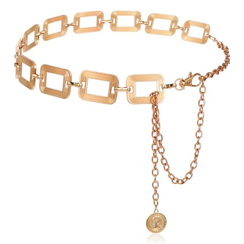 Lusofie Gold Chain Belt Woman - Metal Square Gold Waist Chain Belt - Adjustable Vintage Plus Size Chains Belts for Women Dresses and Outfits