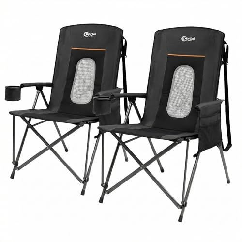 Portal Oversized Folding Camping Chair High Back Portable Lawn Chairs for Adults Outdoor Sports with Hard Armrest Cup Holder，Supports 400LBS, 2P Black