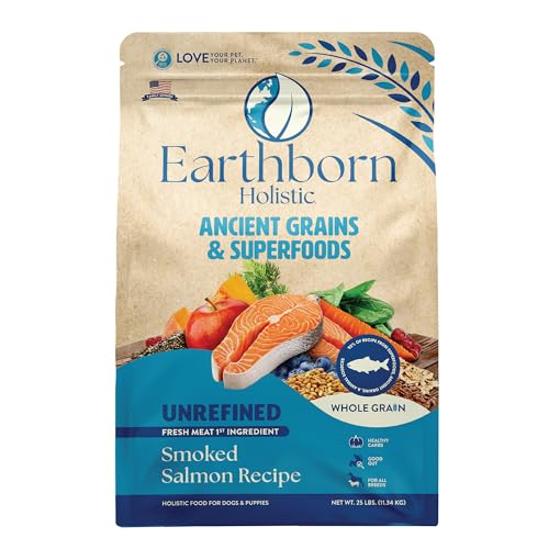 Earthborn Holistic Unrefined Smoked Salmon Ancient Grains & Superfoods All Life Stages Dry Dog Food Pea-Free Recipe with Quinoa Pumpkin & Flaxseed 25 lb Bag