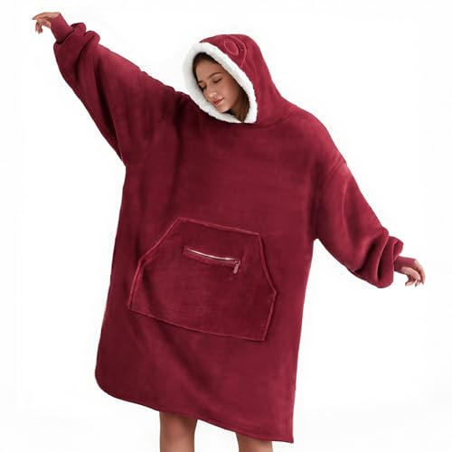 WDCOZY Wearable Blanket Hoodie Oversized Sherpa Fleece Hooded Sweatshirt Adjustable Eye Mask Cozy For Adults Women Red
