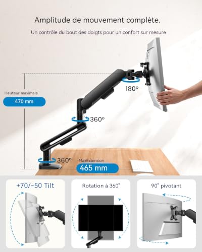 HUANUO Bras Écran PC pour Écrans 13 à 40 Pouces, Support Écran PC Unique NITROGLIDE™ Supportant à 12 kg, Support Écran Réglable Pince en C et Base à œillet, Fixation VESA 75 x 75 mm/100 x 100 mm – vue 5