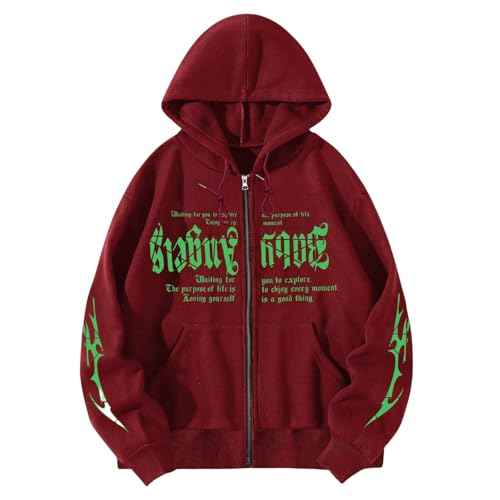 Men's Gothic Print Zip Up Hoodie Y2K Vintage Long Sleeve Sweatshirt Trendy Athletic Pullover with Pocket