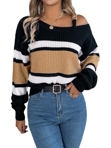 AMOMA Women's Color Block Lantern Sleeve Metal Buckle Off Shoulder Knitted Striped Pullover Sweater