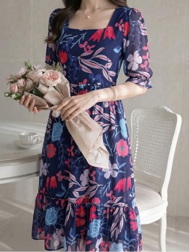 Image of SMOWKLY Women's Georgette Floral Printed Western Gown || Half Sleeve V Neck Fit & Flare Flared Hem Design || A-Line Maxi Dress Casual Wear