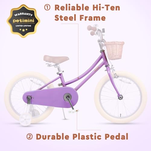 Image of Petimini Vintage Kids Bike for Girls, 12-20 Inch Classic Bicycle with Wicker Basket & Bell, High Tensile Steel Frame, Training Wheels (12-18 inch), 85% Pre-Assembled, Retro Bike for Outdoor Riding