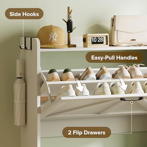 Urban Deco Shoe Storage Cabinet for Entryway, 2 Flip Drawers Shoe Organizer, Elegant 2-Tier Freestanding Shoe Cabinet with Anti-Tipping Design (White) - image 6
