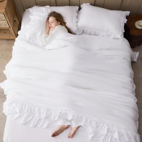 Image of Andency White Ruffle Comforter Set Queen Size, 3 Pieces