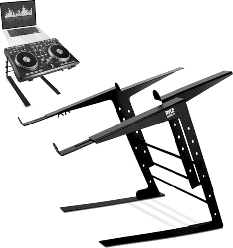 Image of Pyle Portable Dual Laptop Stand - Universal Standing Table with Adjustable Height, Ergonomic Design and Anti-Slip Prongs for DJ Mixer, Sound Equipment, Workstation, Gaming and Home Use - PLPTS38