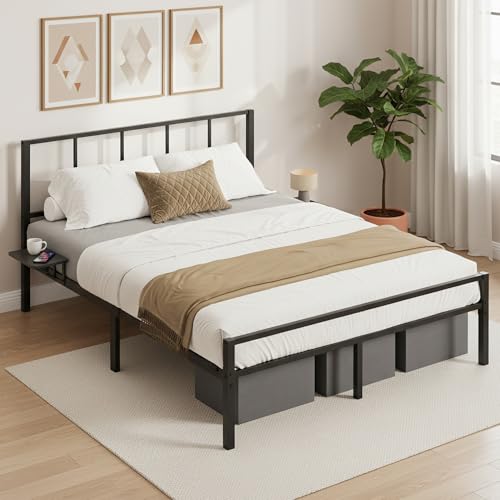 VASAGLE Cadre de Lit 140 x 190 avec Sommier Métal, Cadre en Métal avec Étagères de Rangement, Tête de Lit, pour Adolescents, Montage Facile, Noir d'encre...