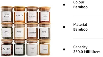 Livabl 12 Pieces Bamboo Glass Jar Set 250ml and Minimalist Waterproof Labels for Herb, Spices, Seasonings. Airtight Containers, Smell Proof, Food Grade Canisters for Kitchen Food Storage,
