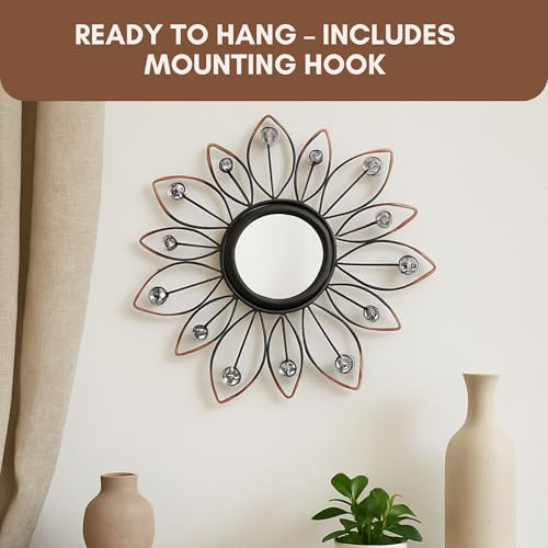 Image of Metal Sunflower Mirror Wall Decor Decorative Mirror Wall Mounted | Mirror Wall Decor for Living Room | Beautiful Metal Modern Designer Hanging Mirror Sculpture Set of 3 (Black & Copper)