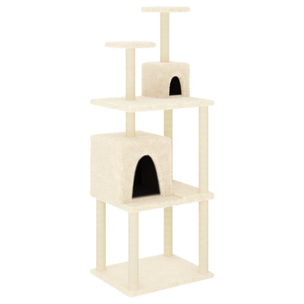 Rascador de 167 cm de alto, estable árbol rascador para gatos con 2 grandes cuevas, plataformas y columnas rascadoras de sisal robustas, árbol trepador para gatos de casa, color crema