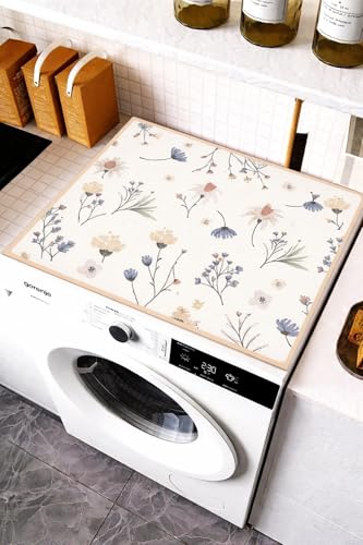 Image of HomeCloud Washing Machine Protective Mat for Top of Washer and Dryer - Non-Slip Waterproof Dust Cover for Laundry & Kitchen (60 x 60) (Beige Purple Flower)