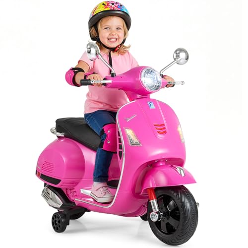 COSTWAY Moto Eléctrica para Niños Vespa 12V, Moto Batería con 4 Ruedas, Música, Bocina, Cuentos, Ruedas de Apoyo y Faros, Motocicleta Infantil con Motor Doble para Niños de 3 a 6 Años