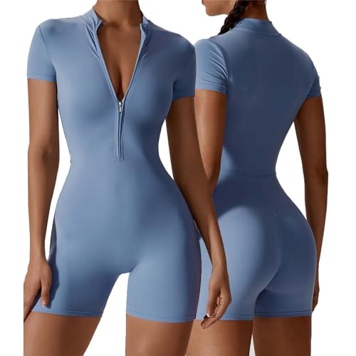 Generisch Mono corto deportivo para mujer, de una pieza, con cremallera, ajustado, para yoga, de verano, sin costuras, elástico, moldeador de figura