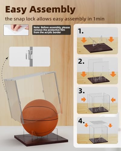 Image of Fitense Basketball Display Case Acrylic Clear, UV Protected Basketball Stand Box Full Size with Solid Wood Base, Soccer Display for Autographed Standard NBA WNBA Ball Memorabilia Keepsake, Ideal Gift