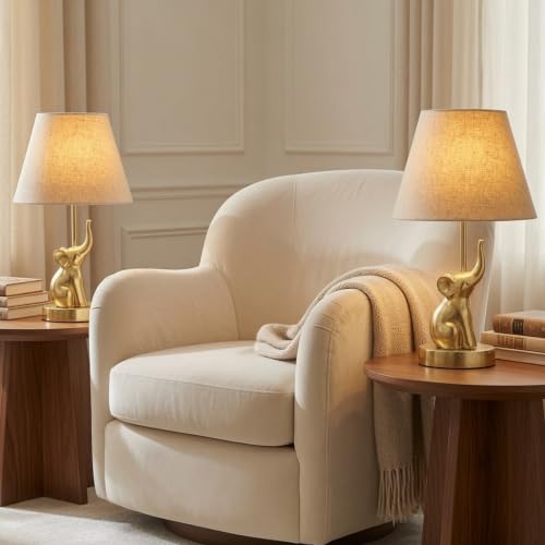 Image of BEHOMA Luxury Elephant Figurine Table Lamp Set, Antique Gold - Set of 2 | Luxury Aluminium Elephant table lamp in Antique Gold - as an accent lighting piece for living room - great housewarming gift