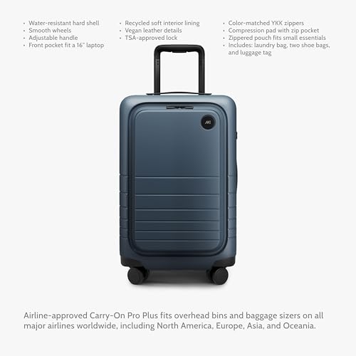 Image of Monos Carry-On Pro Plus Luggage 23 Inch - Hardside Spinner Suitcase with TSA Lock & Laptop Front Pocket | Airline Approved, 42L Polycarbonate Rolling Carry On | Fits 16 inch Laptop | Ocean Blue