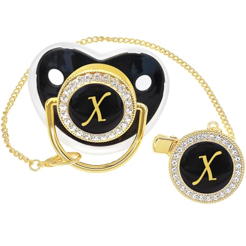 Image of Bling Personalized Black Baby Pacifier with Pacifier Clips and Anti-dust Cover A-Z 26 Letters(Black,X)