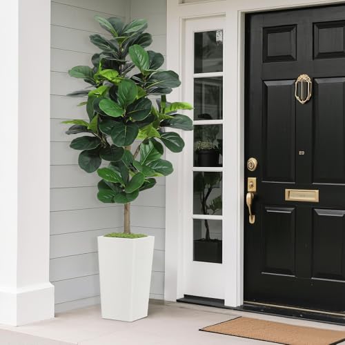 Artificial Fiddle Leaf Fig Tree - 6FT Fake Fig Tree in White Planter - Faux Ficus Lyrata Floor Plant for Home, Office, Living Room Decor - Realistic Fake Indoor Tree