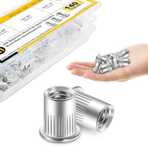 140Pcs Kit d'assortiment pour les écrous de rivet, #8-32#10-24 1/4"-20 5/16"-18 3/8"-16, 304 Noix en acier inoxydable, kit de rivets pour le corps, inserts filetés pour le bois & Métal par Mywish