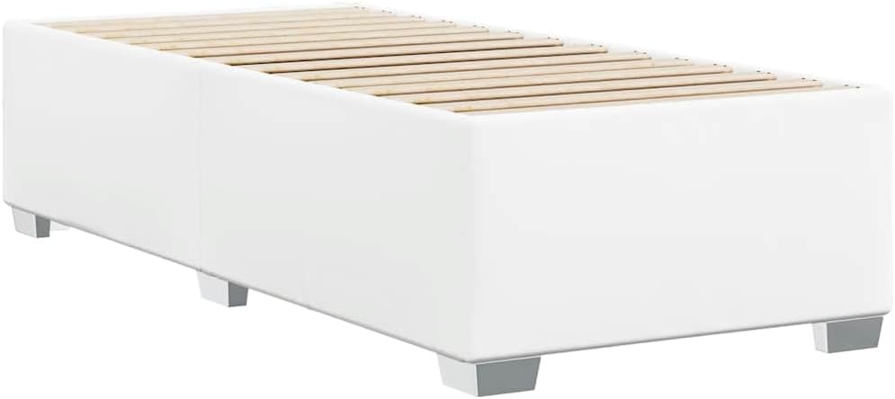 Twin XL Bed Frame White Faux Leather with Sturdy Slatted Platform, Durable Engineered Wood Foundation, Modern Minimalist Bedroom Furniture for Mattress Support and Easy Assembly