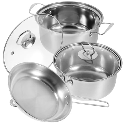 COLLBATH Ensemble de Batterie Cuisine 3 Pièces en Acier Inoxydable 430 Marmite, Casserole et Poêle à Frire, Poignées en Acier, Ustensiles Multifonctionnels pour Cuisson Saine et Usage