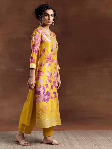 Image of Libas Womens Printed Silk Blend Straight Kurta With Trousers and Dupatta | daily wear suit