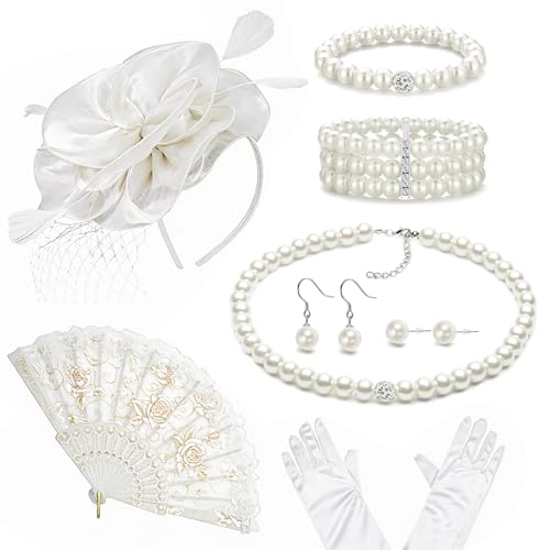 FEYIR Tea Party Costume Outfit for Women Fascinator Hats Glove Fan Pearl Set Halloween Cosplay Tea Party Accessories