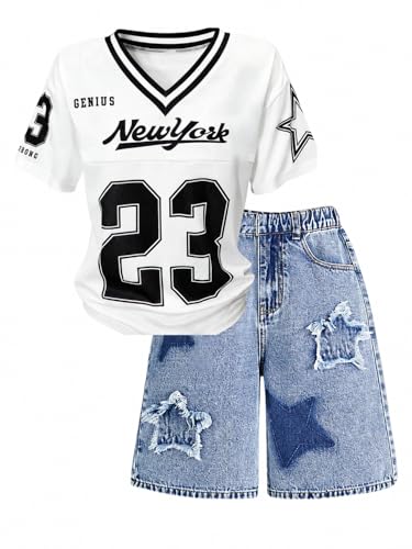 Image of Azmxynol Tween Girl Clothes Summer 2 Piece Outfit Set Trendy Tee Shirt + Denim Shorts, Size 7-16 Years