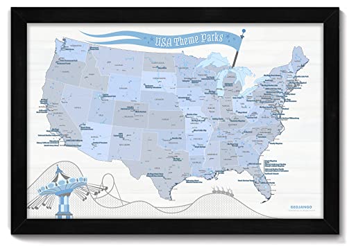 Best Theme Parks and Amusement Parks in the United States; a pinnable map that is mounted and framed...