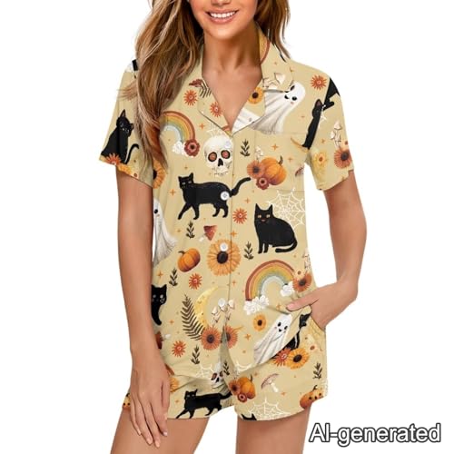 Image of Renewold Women's Short Sleeve Pajama Set Button Down Sleepwear with Notch Collar Soft Lounge Top and Shorts with Pockets