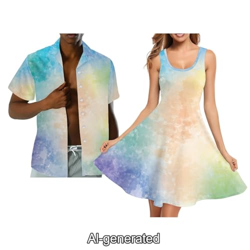 Image of Dreaweet Summer Dresses for Women A-Line Sleeveless Flowy Sun Dresses,Men's Casual Button-Down Shirts,Couple Matching Outfits