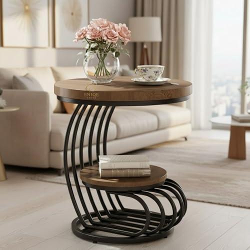 Image of Modern Marble Side Table with Metal Frame | Luxury Round End Table with Storage Shelf for Living Room Coffee Table, Bedroom & Lounge (Walnut & Black)