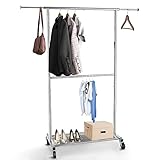 TECHVIDA Perchero para Ropa, Perchero de Doble Barra para Ropa con Ruedas y Estantes Inferiores,...