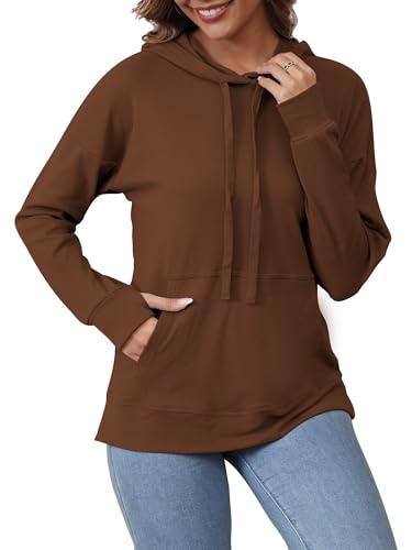 Sweat à capuche pour femme, coupe ample, doux avec trou pour le pouce, poche kangourou, marron, XXL