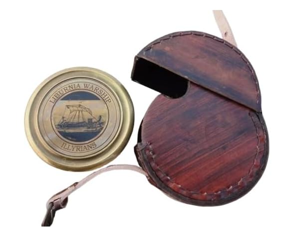 Brújula de navegación vintage de latón con estuche de cuero, instrumento marítimo anticuario para exploradores y viajeros