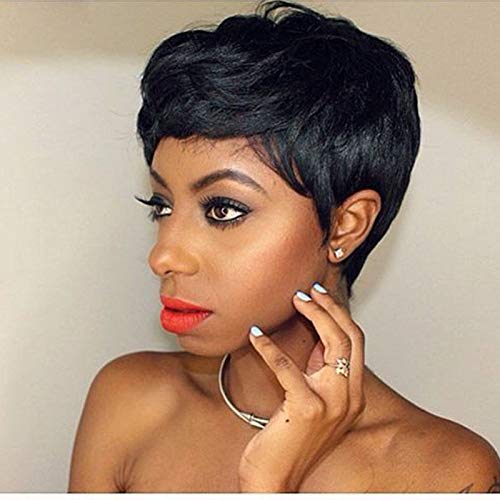 MELANNA Human Hair Short Pixie Cut Black Wavy Non Lace Wigs for Black Women Short Hair Wigs for African Americans