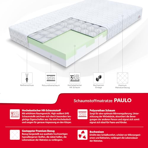 FDM Matratze 90x160 cm Härtegrad H3 Höhe 16 cm Kindermatratze Schaumstoffmatratze HR-Schaum Polyurethan-Schaum Buchweizen 7 Komfortzonen mit Hypoallergenem Waschbarem Premium-Bezug Oeko-Tex Paulo