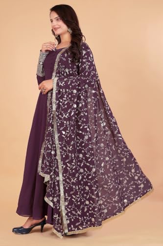 Image of ROYALICA Women's Georgette Gown Set with Solid Pattern Floor Length Round Neck Fit & Flare Full Sleeves Gown Pant and Embroidery Work Dupatta | Anarkali Gown Set for Women