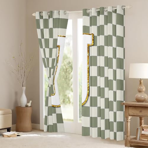 Image of Erosebridal Sage Green Checkered Window Drapes Plaid Initial J Blackout Curtains 42 inch Wx63 L Personalized Monogram Curtains for Bedroom Living Room,Grids Gingham Window Treatments 2 Panels
