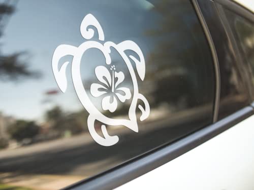 Hawaiian Sea Turtle Hibiscus Flower Decal Perfect For Car Truck Notebook Water Bottle Window Wall | Hawaii Bumper Stickers | 5.5-Inch By 5-Inch Size Durable And Waterproof Vinyl Decal For Outdoors And Indoors Awdd537 (White) #TOP2