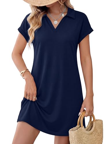 AUMORA Womens Summer Mini Dresses Casual Short Sleeve Split Collared V Neck Loose Beach Vacation Dress with Pockets Navy Blue