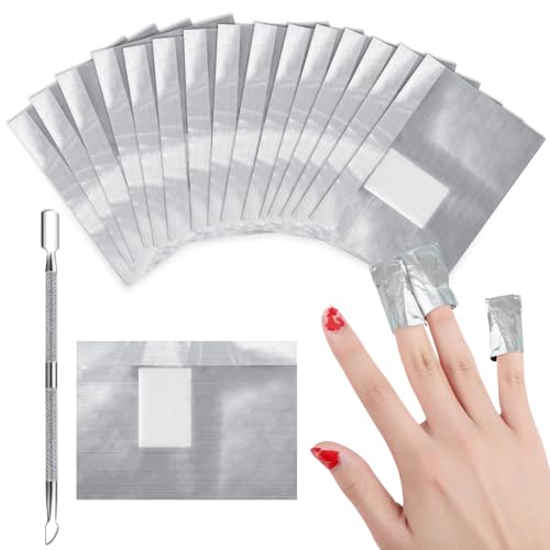 Qufiiry Quitaesmalte de Papel de Aluminio, 200 Lámina de Aluminio para Esmalte de Uñas y 1 pieza de Quitacutículas, Elimina Esmalte de Uñas de Gel Rápido y Fácil