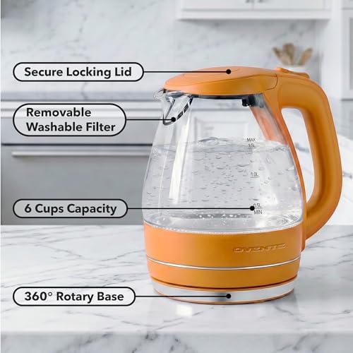 OVENTE 1.5L Glass Electric Kettle Water Boiler, Orange KG83O - 1